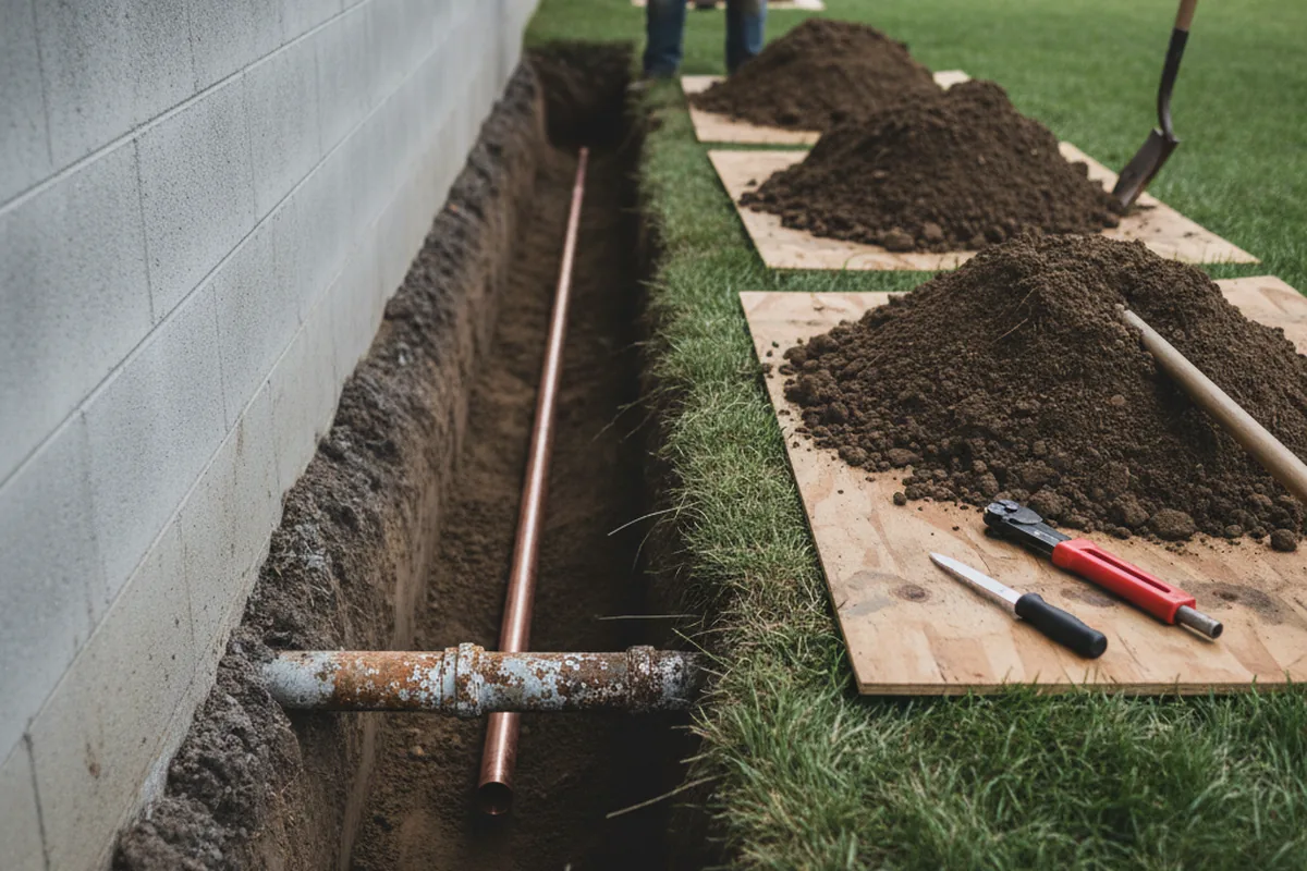 Excavated water line trench during Sewer Line Repair in Orrtanna